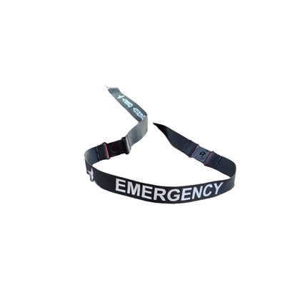 Black Emergency Department double-breakaway lanyard with bold white EMERG lettering