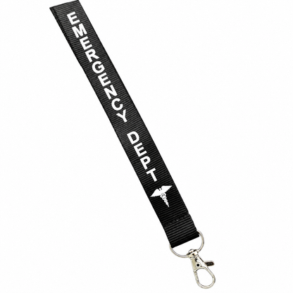 Emergency Department lanyard woven strap, white lettering and silver clasp detail.