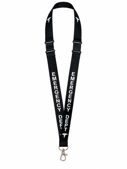 Complete black Emergency Department lanyard hanging on white, with two breakaway connectors, overlapping straps and silver clasp.