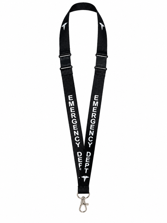 Complete black Emergency Department lanyard hanging on white, with two breakaway connectors, overlapping straps and silver clasp.