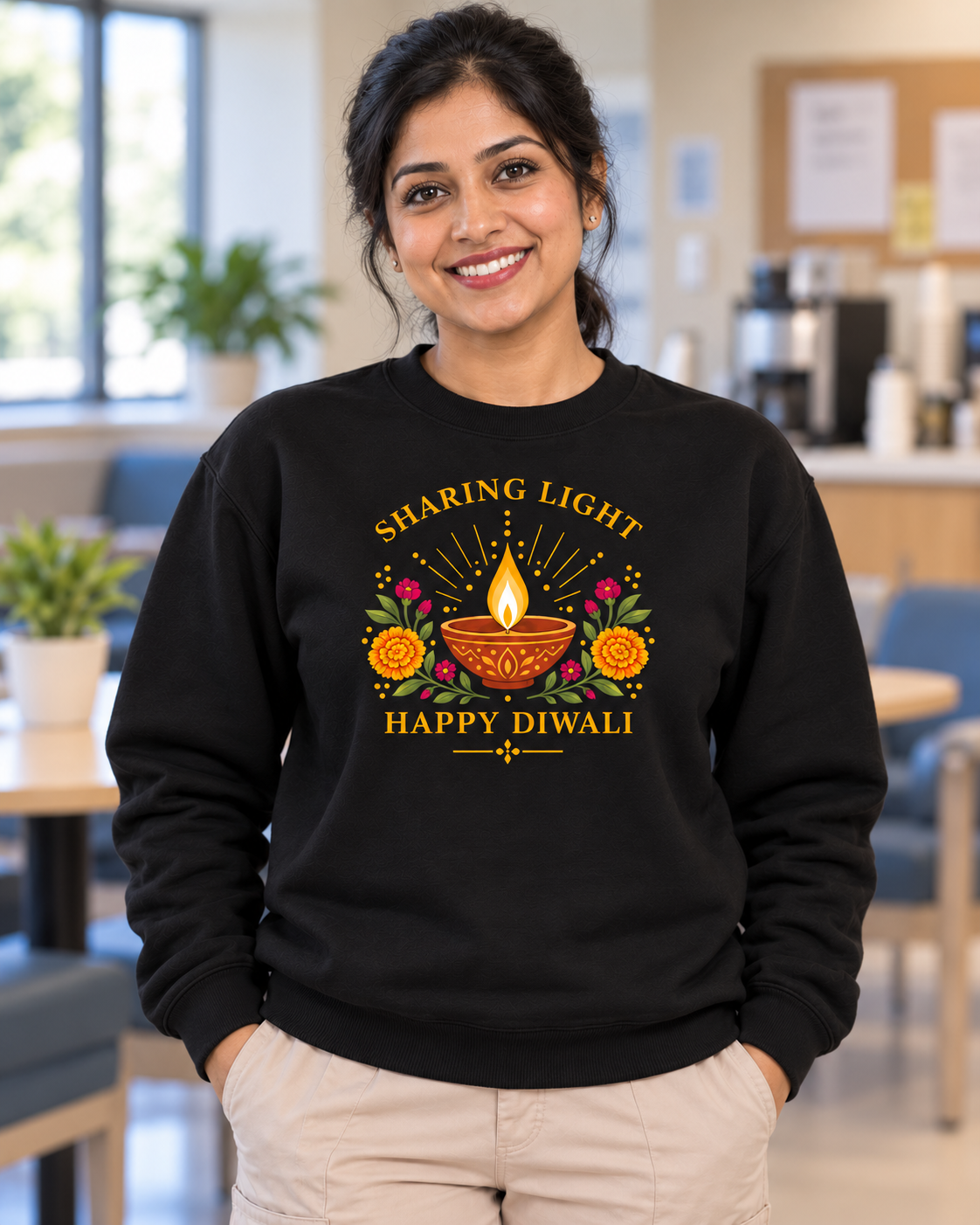 Female nurse wearing a black Nursify Happy Diwali crewneck sweatshirt with a colourful diya lamp and floral design and Sharing Light lettering, paired with beige scrub pants.