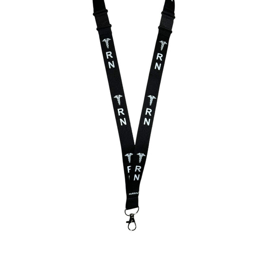 Black lanyard with RN and health symbol written in white along it. Nursify logo written on the neck.