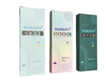 Three boxed styles of NurseFlex black ink gel pens in colourful healthcare-themed designs