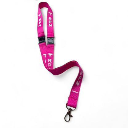 Full fuchsia RPN double-breakaway lanyard with repeating white RPN lettering and metal clasp