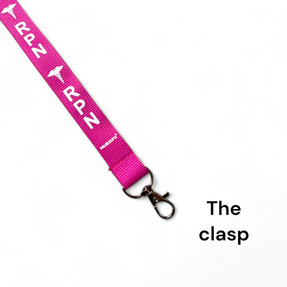 Close-up of the metal clasp on the fuchsia RPN lanyard