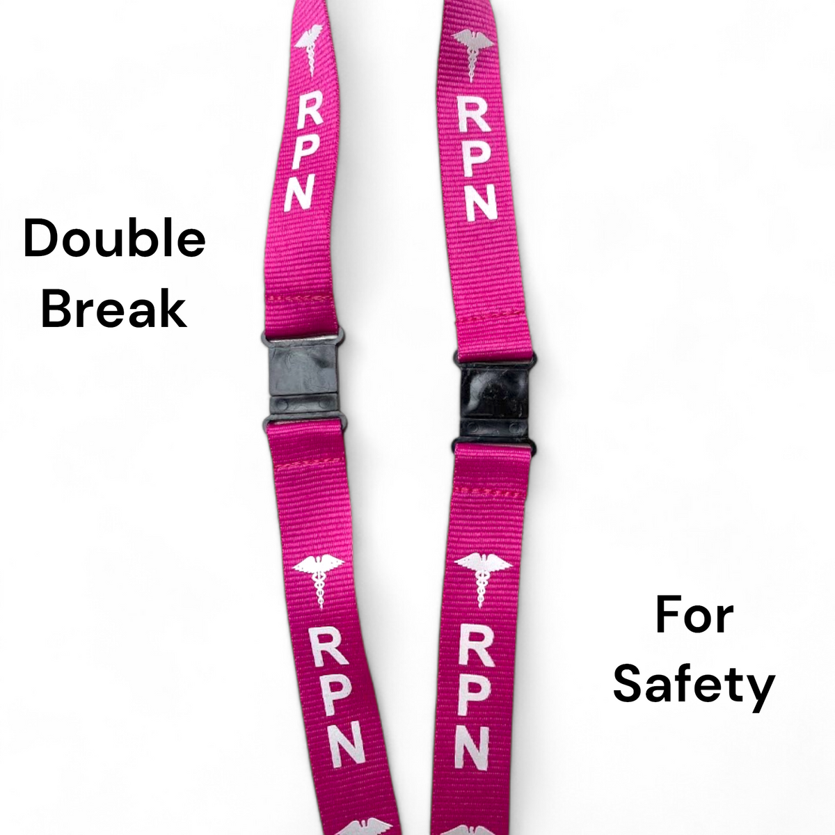 Two safety breakaway clasps on the fuchsia RPN lanyard