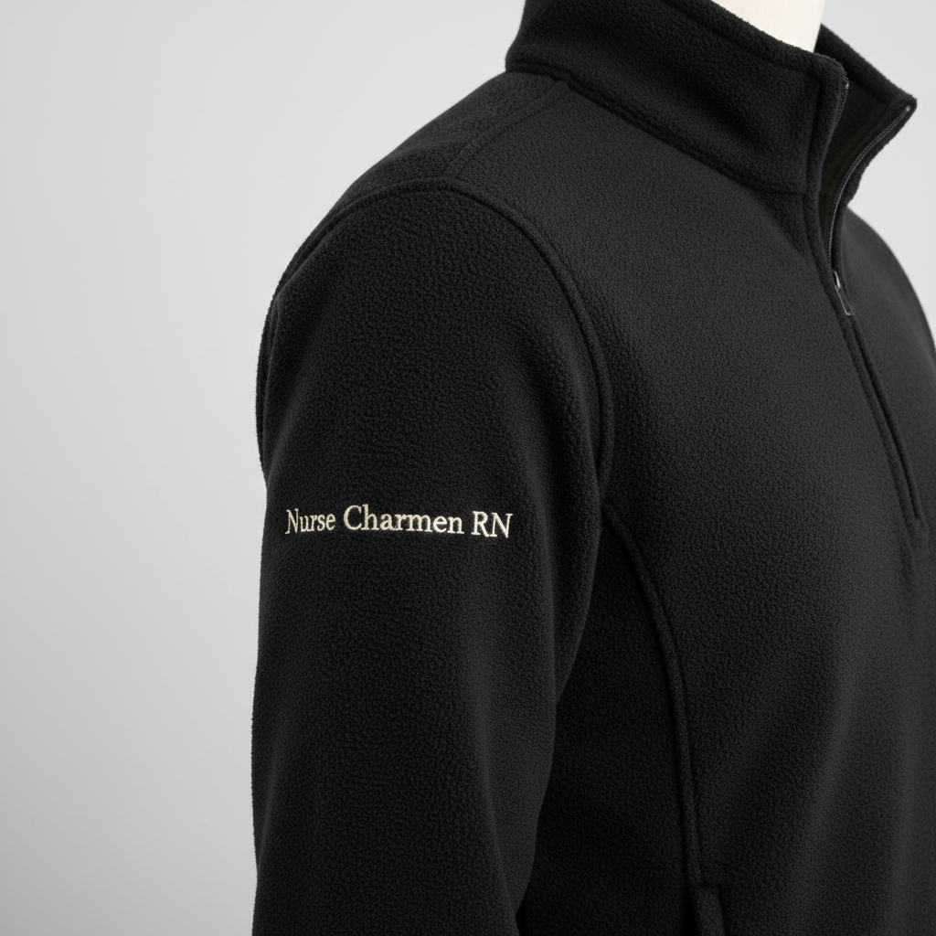 Black fleece jacket with 'Nurse Charmen RN' embroidered on the sleeve against a light gray background