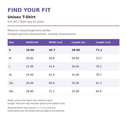Unisex T-Shirt size guide for S, M, L, XL, 2XL, 3XL, showing garment chest width and length in inches and centimetres.