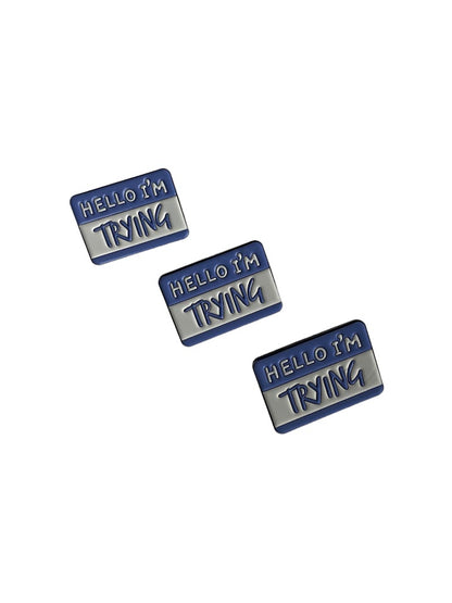 Hello I'm trying enamel pin in white and blue name tag design