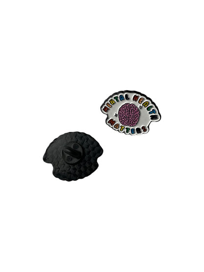 Front and back of Mental Health Matters enamel pin with black rubber clutch backing