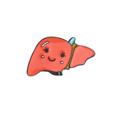 Liver organ enamel pin with smiley face in coral and light blue size 2.8 cm x 2 cm