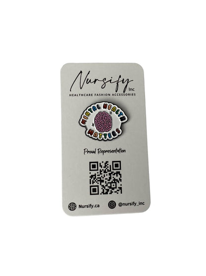 Mental Health Matters enamel pin displayed on a Nursify branded backing card
