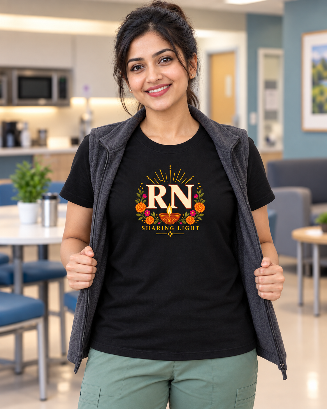 Female nurse wearing a black Nursify RN Diwali T shirt with a centred floral diya design, an open charcoal vest and sage scrub pants.