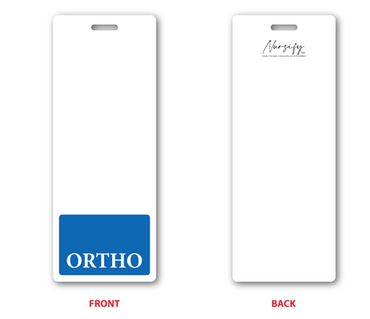 Blue vertical ORTHO Badge Buddy showing branded reverse side