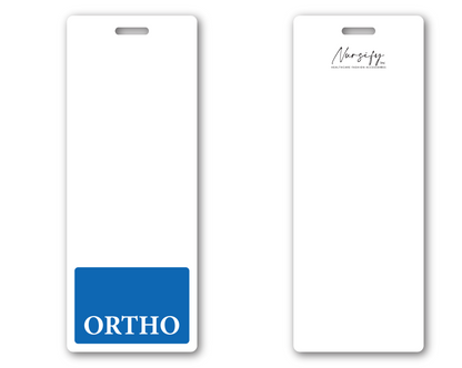Front and back views of the blue vertical ORTHO Badge Buddy