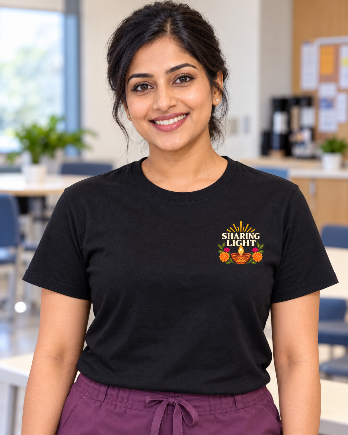 Female nurse wearing a black Nursify Sharing Light Diwali T shirt with a small left chest design and plum scrub pants.