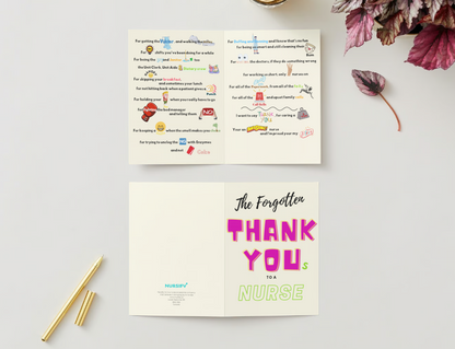 Open nurse thank-you card showing the humorous message and daughter ending