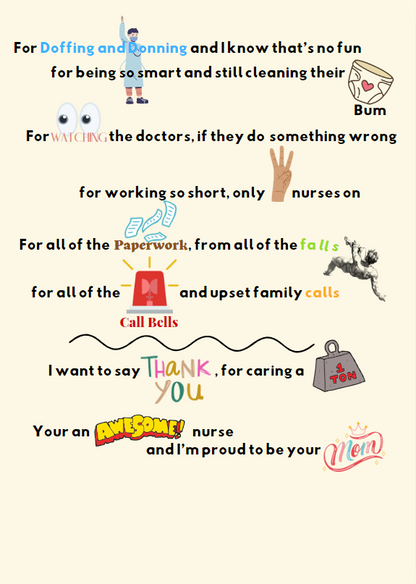 Inside message of nurse thank-you card with mom ending