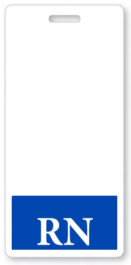 Blue vertical RN Badge Buddy shown behind a standard workplace ID