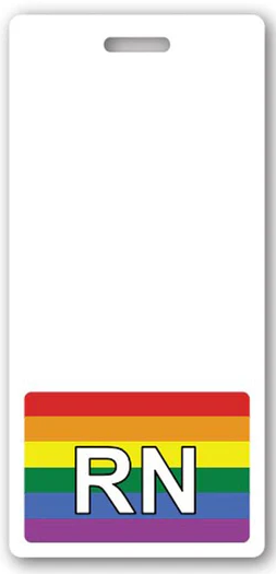 Rainbow vertical RN Badge Buddy with bold registered nurse lettering