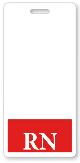 Red vertical RN Badge Buddy with bold white registered nurse lettering