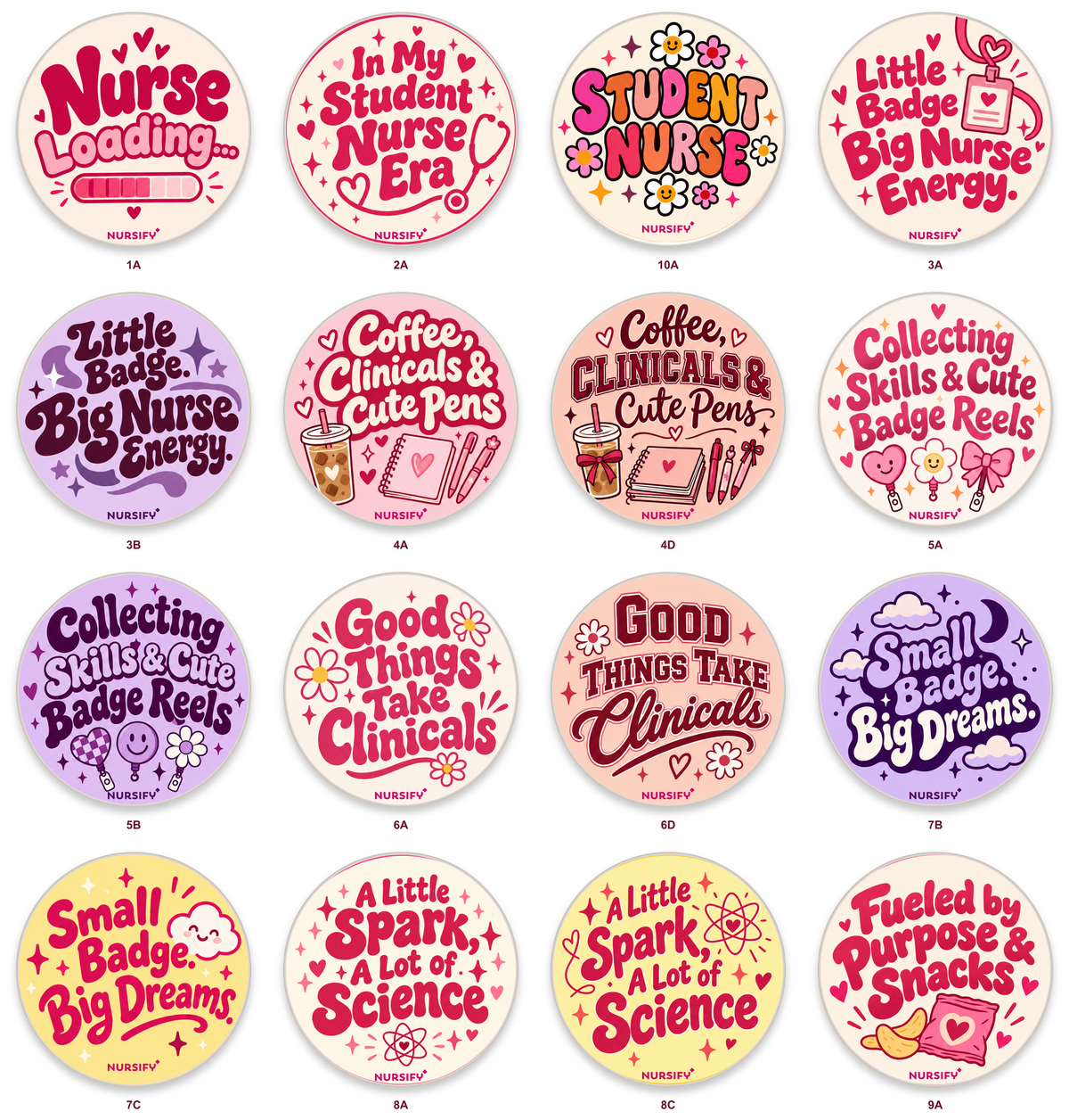 All 16 student nurse designs with the official transparent Nursify logo, with flowers, hearts and illustrations unobstructed.
