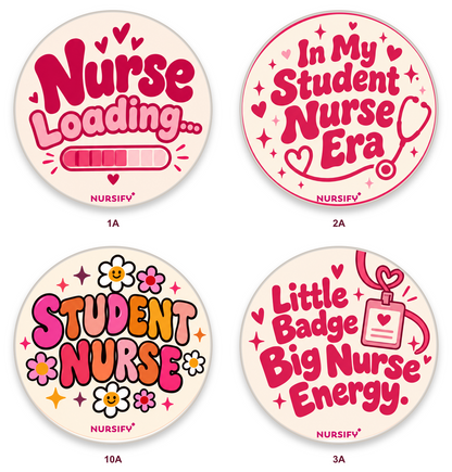 Four corrected student nurse designs, group 1, with small transparent official logos.