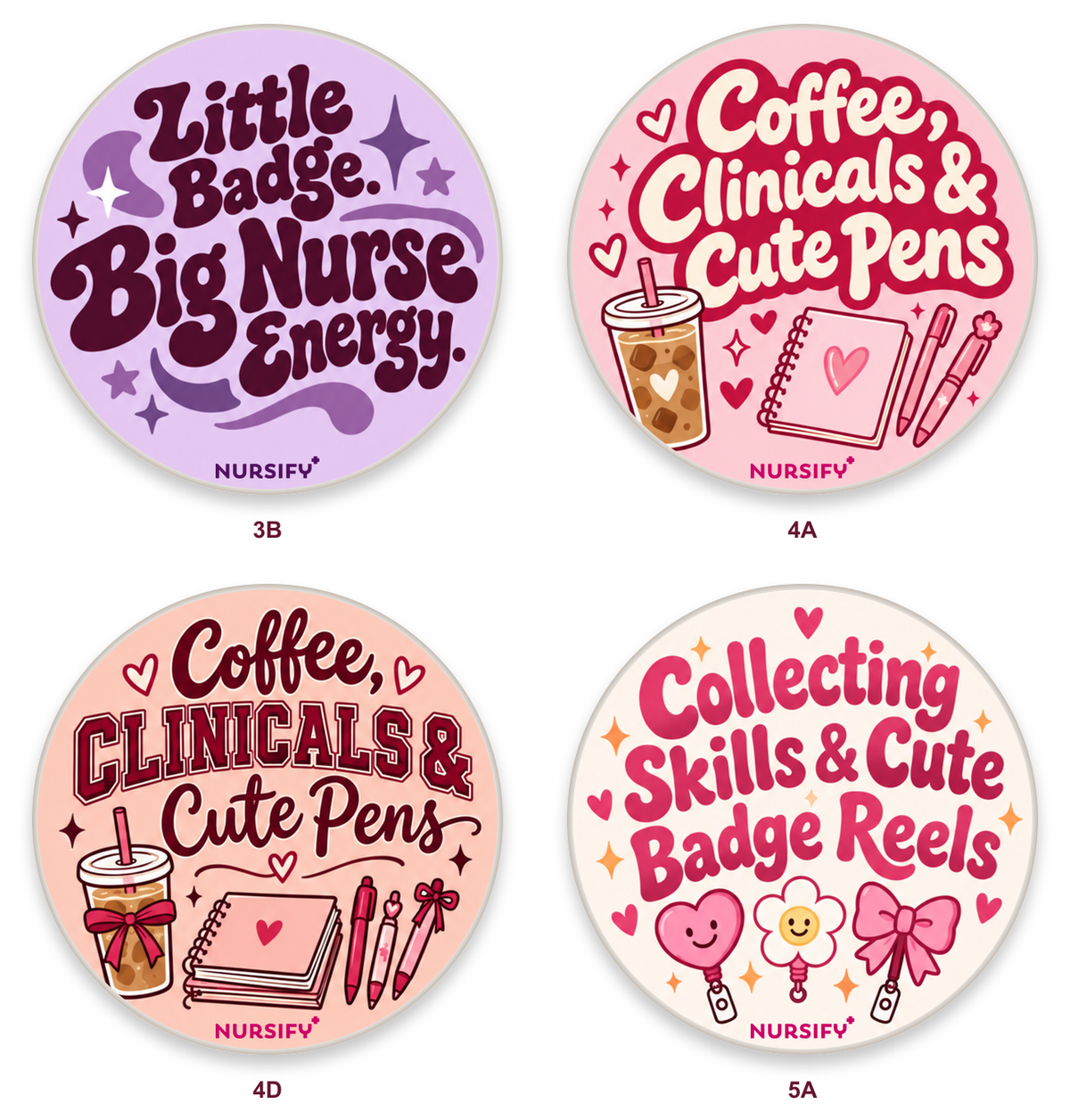 Four corrected student nurse designs, group 2, with small transparent official logos.