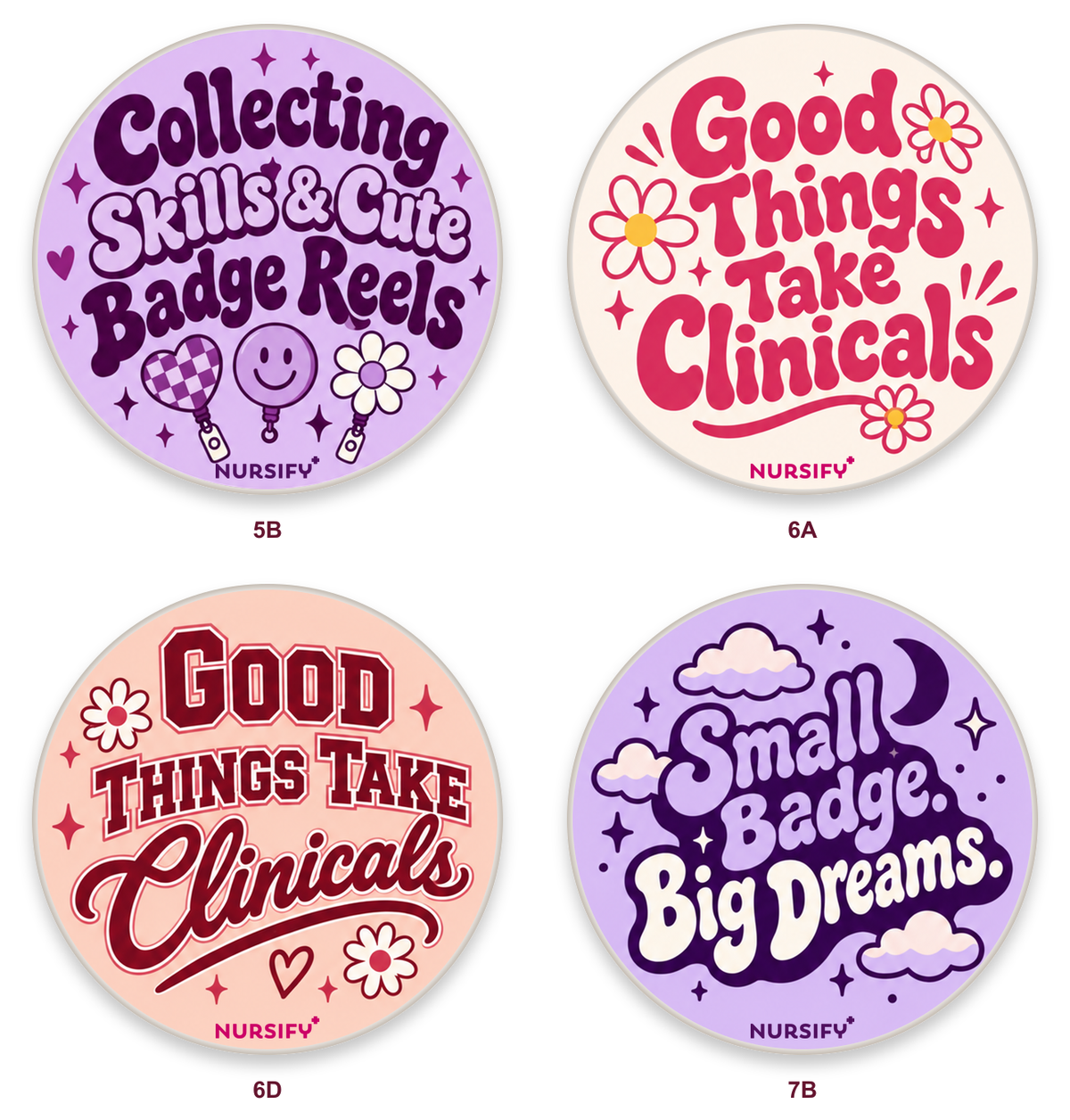 Four corrected student nurse designs, group 3, with small transparent official logos.