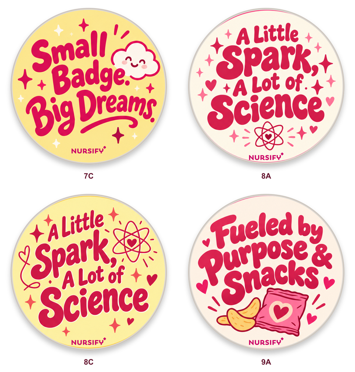 Four corrected student nurse designs, group 4, with small transparent official logos.