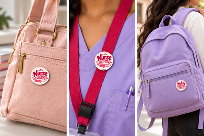 Corrected Nurse Loading buttons on a blush purse, raspberry lanyard and lavender backpack.