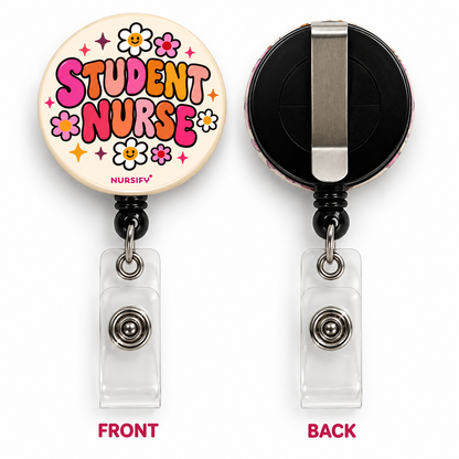 Student Nurse badge reel front and back with metal belt clip and corrected artwork.