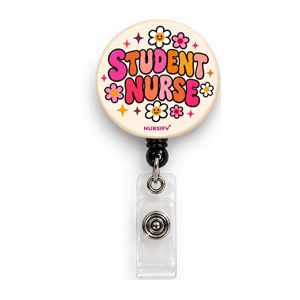 Student Nurse retractable badge reel with corrected button artwork and clear ID strap.