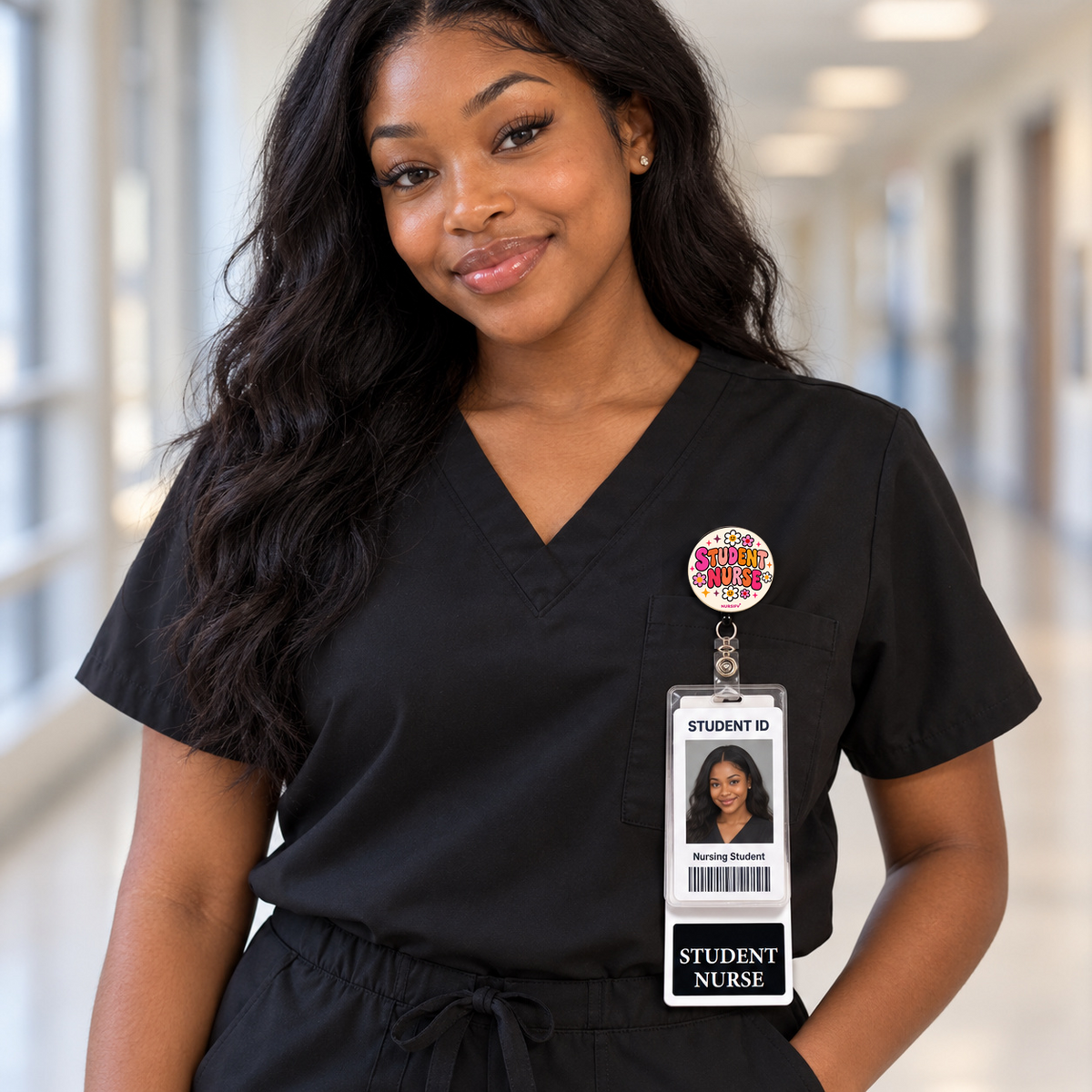 Nursing student in black scrubs wearing the corrected floral Student Nurse reel above her student ID and badge buddy.