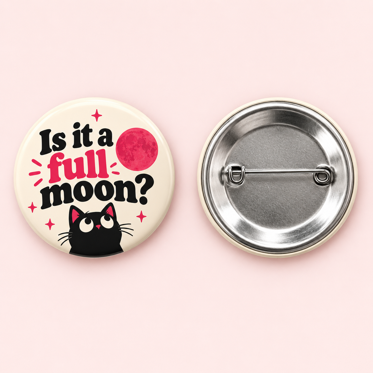 Full Moon cat button front beside its silver metal pin back