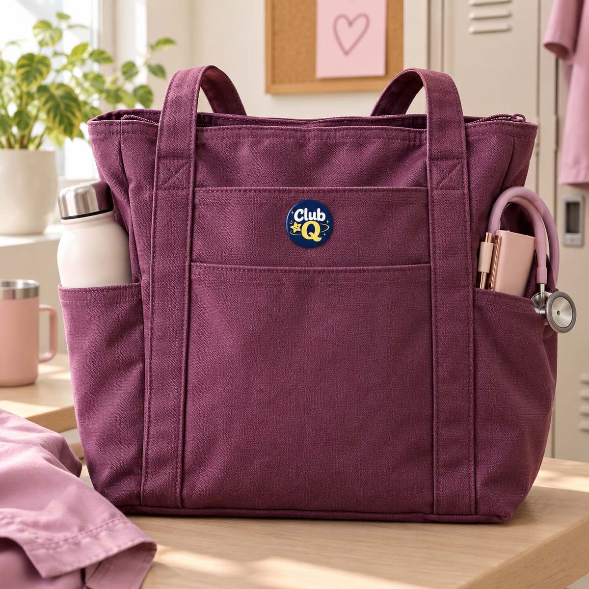 Navy Club Q star button attached to a plum nurse work bag