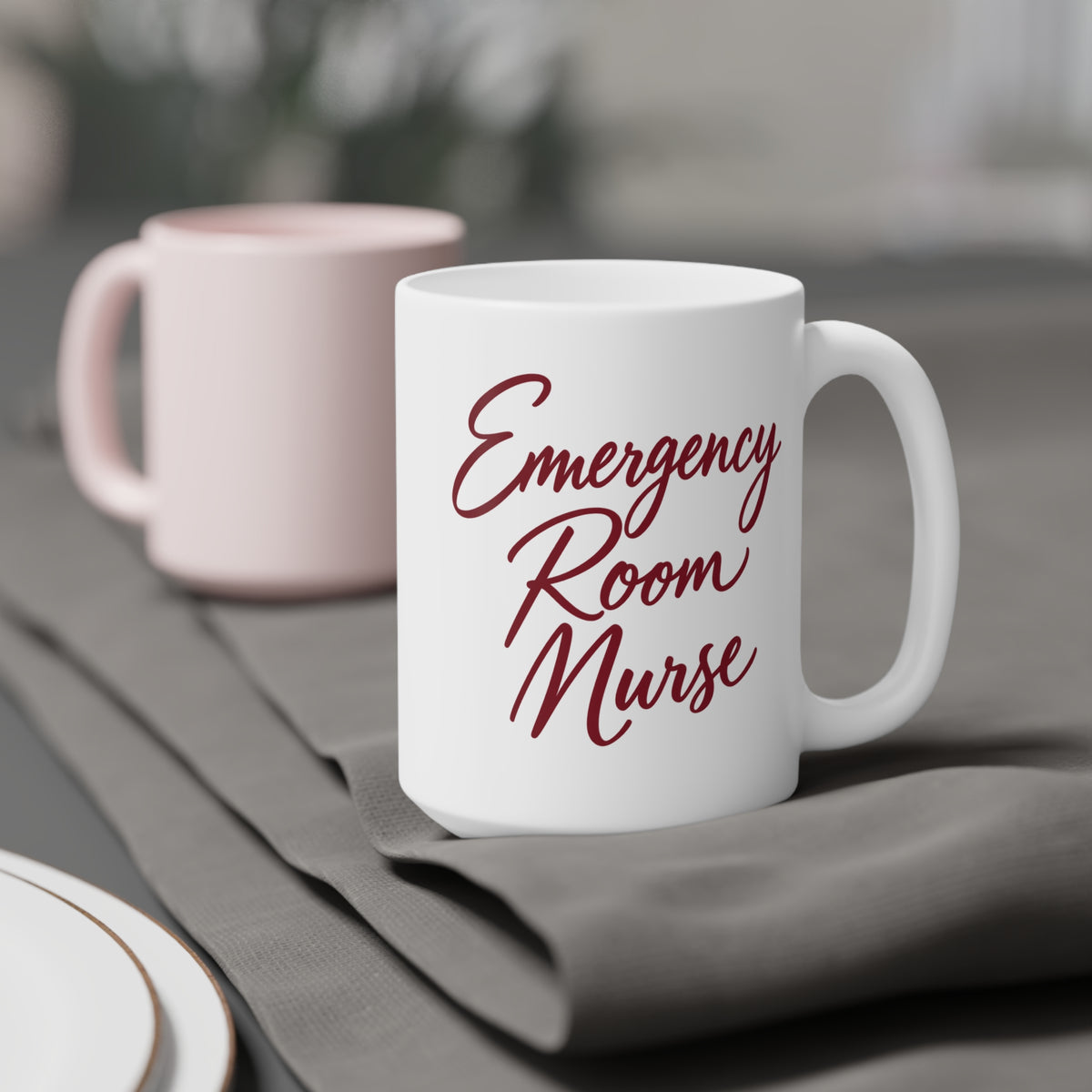 Emergency Room Nurse burgundy script white 15 oz mug, context 1 view