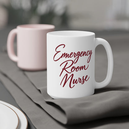 Emergency Room Nurse burgundy script white 15 oz mug, context 1 view