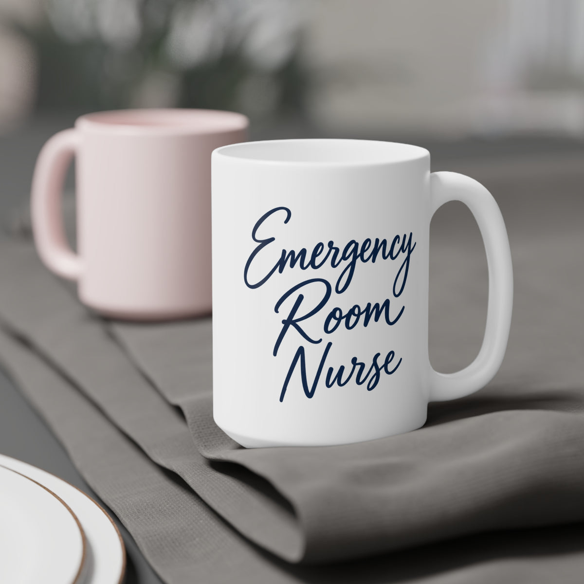 Emergency Room Nurse navy script white 15 oz mug, context 1 view