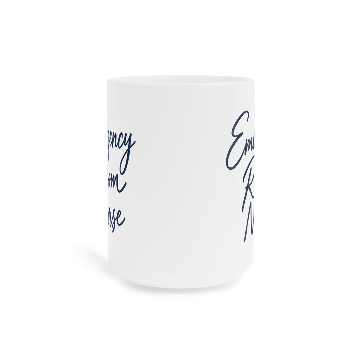 Emergency Room Nurse navy script white 15 oz mug, front view