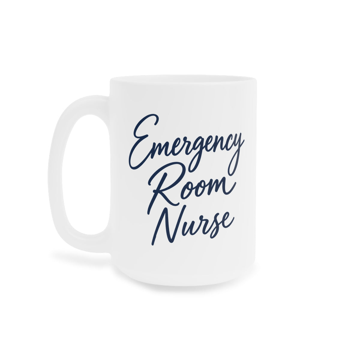 Emergency Room Nurse navy script white 15 oz mug, left view