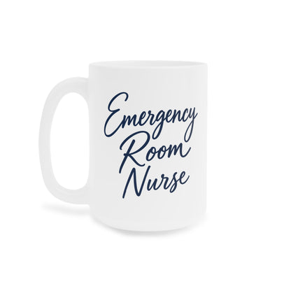 Emergency Room Nurse navy script white 15 oz mug, left view