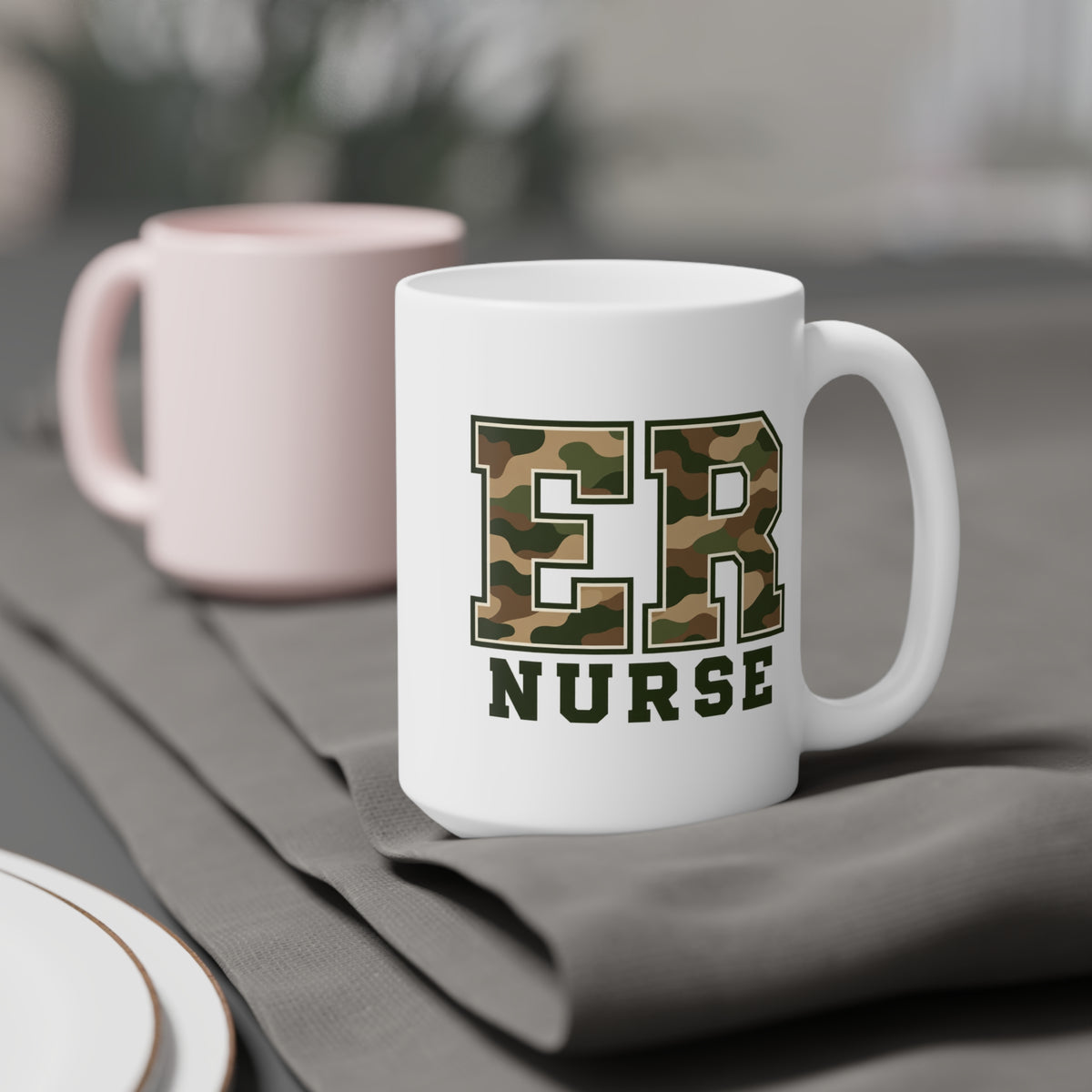 ER Nurse camo 15 oz mug, context-1 view with centered artwork