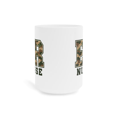 ER Nurse camo 15 oz mug, front view with centered artwork