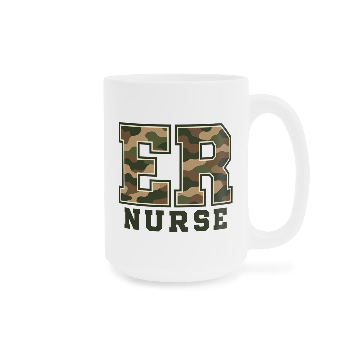 ER Nurse camo 15 oz mug, right view with centered artwork