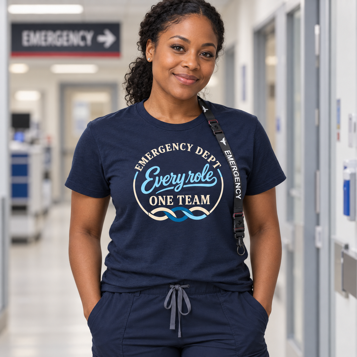 Nurse wearing navy Every Role One Team emergency department shirt and black Emergency lanyard