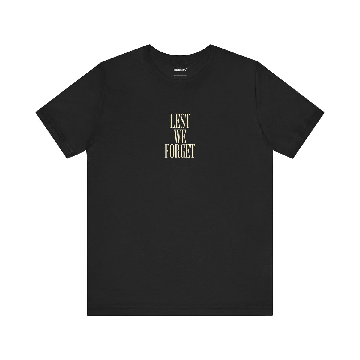 Front view of black Lest We Forget Remembrance T-shirt with narrow centred design.