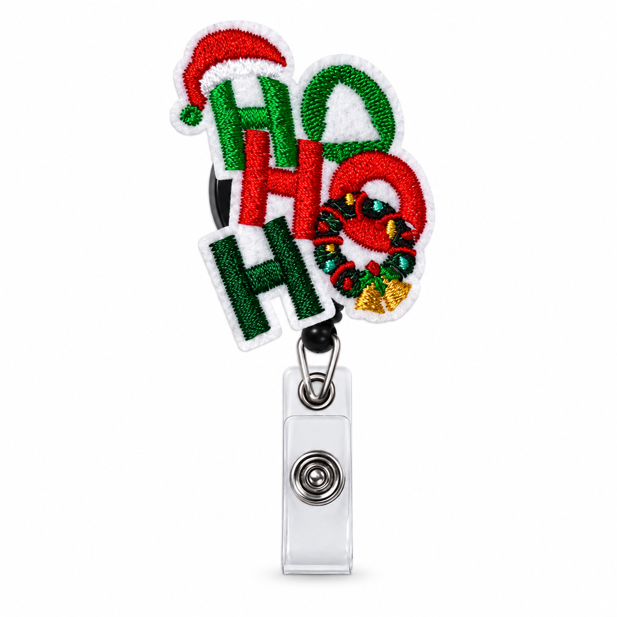 1. Ho Ho Ho Christmas badge reel, brightened product image on white