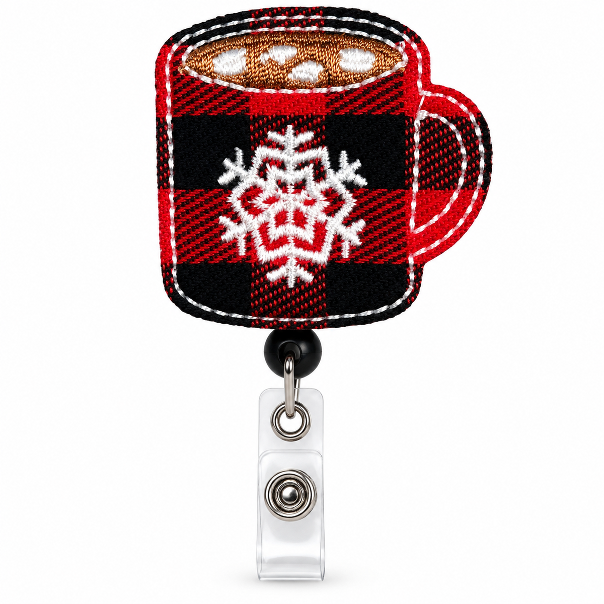 5. Plaid Cocoa Mug Christmas badge reel, brightened product image on white