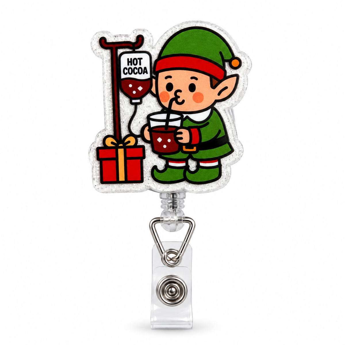 6. Elf with Cocoa IV Christmas badge reel, brightened product image on white